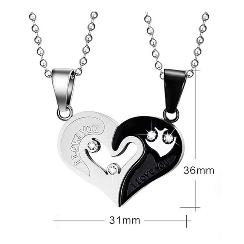 Couple Heart I Love You Black Silver 316L Surgical Stainless Steel Necklace Chain Pendant Pack of 2 Men Women Boys Girls