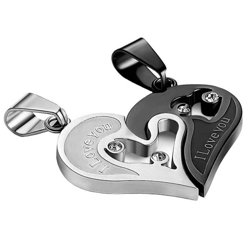 Couple Heart I Love You Black Silver 316L Surgical Stainless Steel Necklace Chain Pendant Pack of 2 Men Women Boys Girls