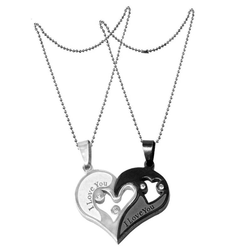 Couple Heart I Love You Black Silver 316L Surgical Stainless Steel Necklace Chain Pendant Pack of 2 Men Women Boys Girls
