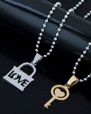 Couple Lovers I Love You Lock Key Gold Silver 316L Surgical Stainless Steel Necklace Chain Pendant Pack of 2 Men 1