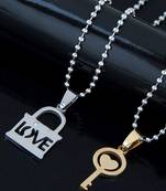 Couple Lovers I Love You Lock Key Gold Silver 316L Surgical Stainless Steel Necklace Chain Pendant Pack of 2 Men