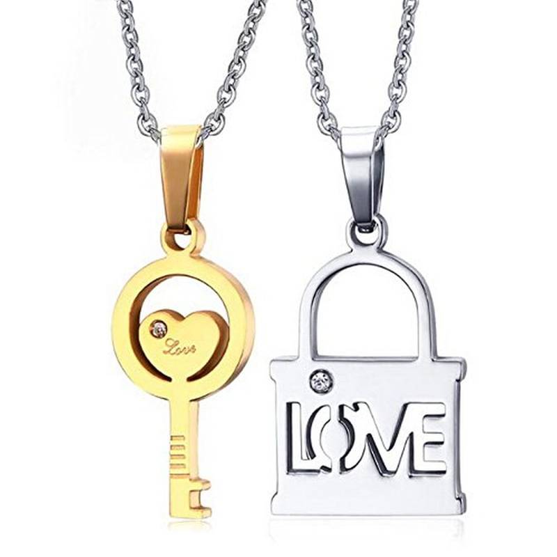 Couple Lovers I Love You Lock Key Gold Silver 316L Surgical Stainless Steel Necklace Chain Pendant Pack of 2 Men