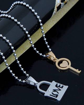Couple Lovers I Love You Lock Key Gold Silver 316L Surgical Stainless Steel Necklace Chain Pendant Pack of 2 Men 3