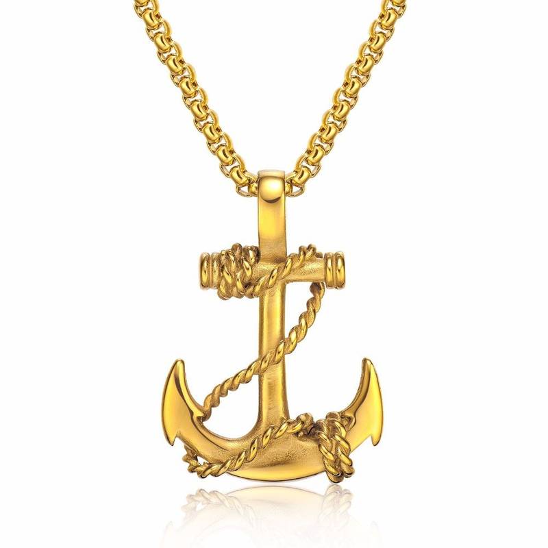 Navy Rudder Anchor Sailor Gold 316L Surgical Stainless Steel Jewelry Pendant Necklace Chain for Men