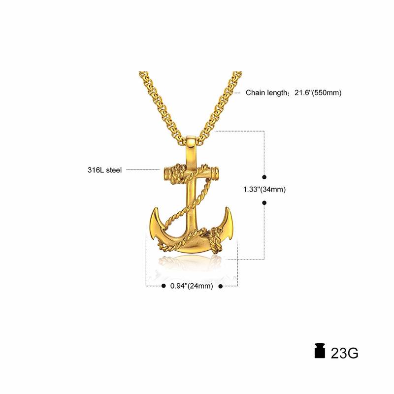Navy Rudder Anchor Sailor Gold 316L Surgical Stainless Steel Jewelry Pendant Necklace Chain for Men