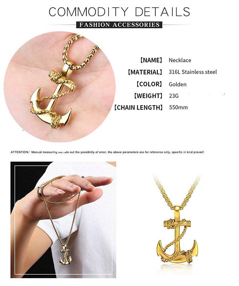 Navy Rudder Anchor Sailor Gold 316L Surgical Stainless Steel Jewelry Pendant Necklace Chain for Men