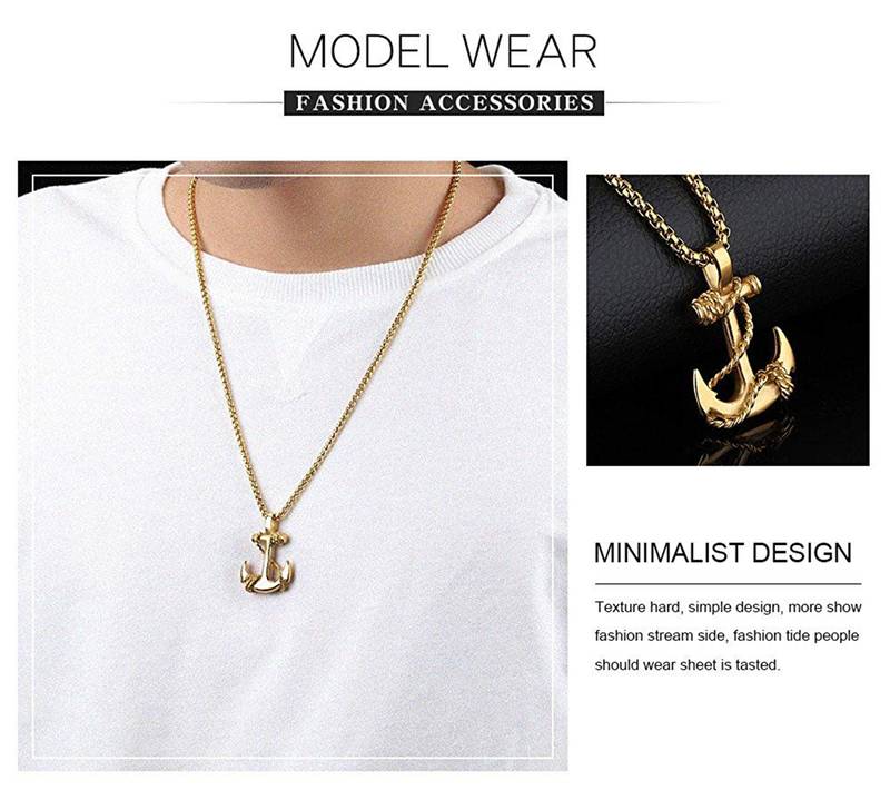 Navy Rudder Anchor Sailor Gold 316L Surgical Stainless Steel Jewelry Pendant Necklace Chain for Men