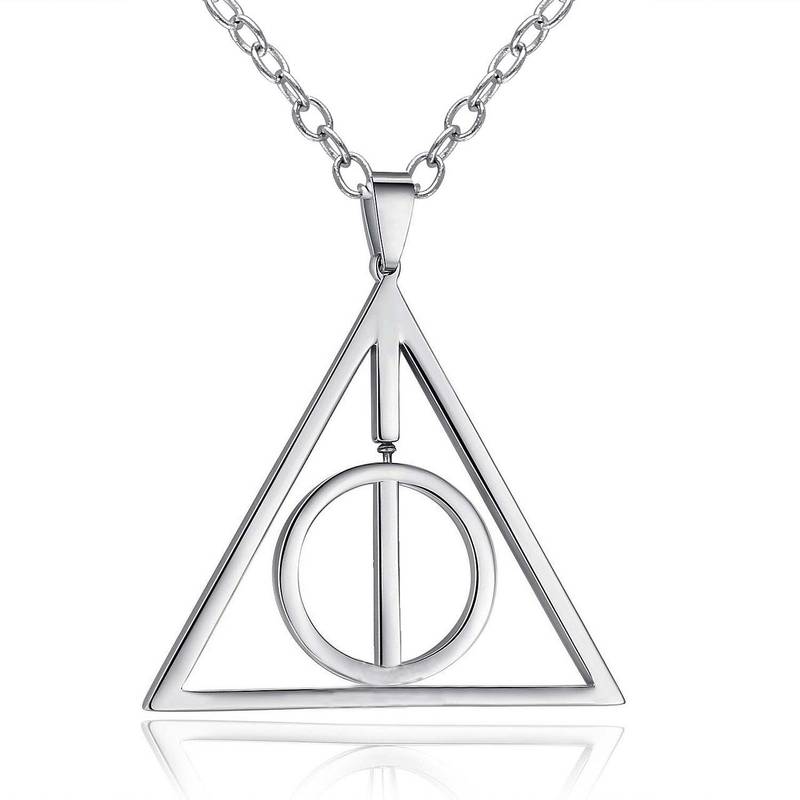 Harry Potter Rotatable Time Turner Deathly Hallows Triangle Snitch Compass Stainless Steel Pendant Chain Necklace Men