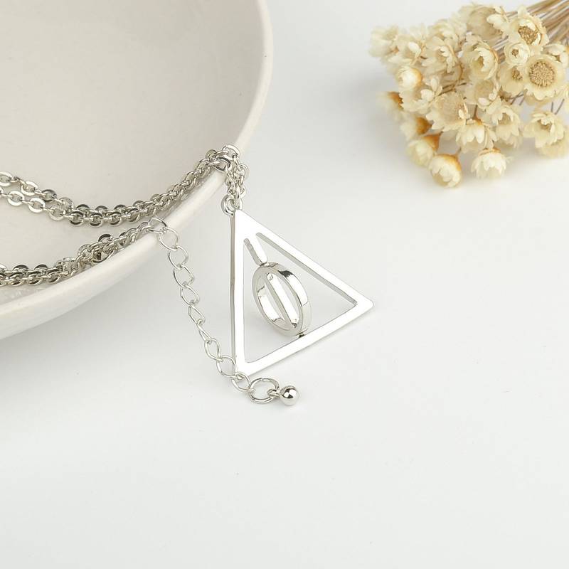 Harry Potter Rotatable Time Turner Deathly Hallows Triangle Snitch Compass Stainless Steel Pendant Chain Necklace Men