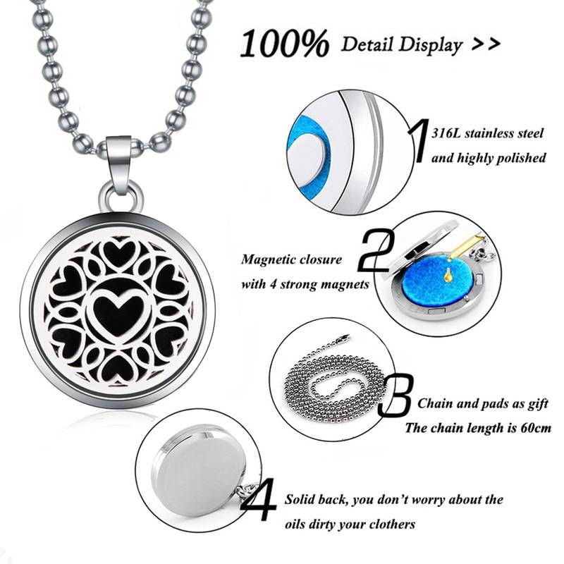 Love Heart Aroma Therapy Essential Oil Perfume Diffuser 8 Refill Pads Locket Pendant Necklace Chain for Women Girls