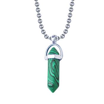Hexagon Bullet Pencil Natural Green Stripes Malachite Crystal Stone Pendant Locket Necklace Chain for Men Women 1