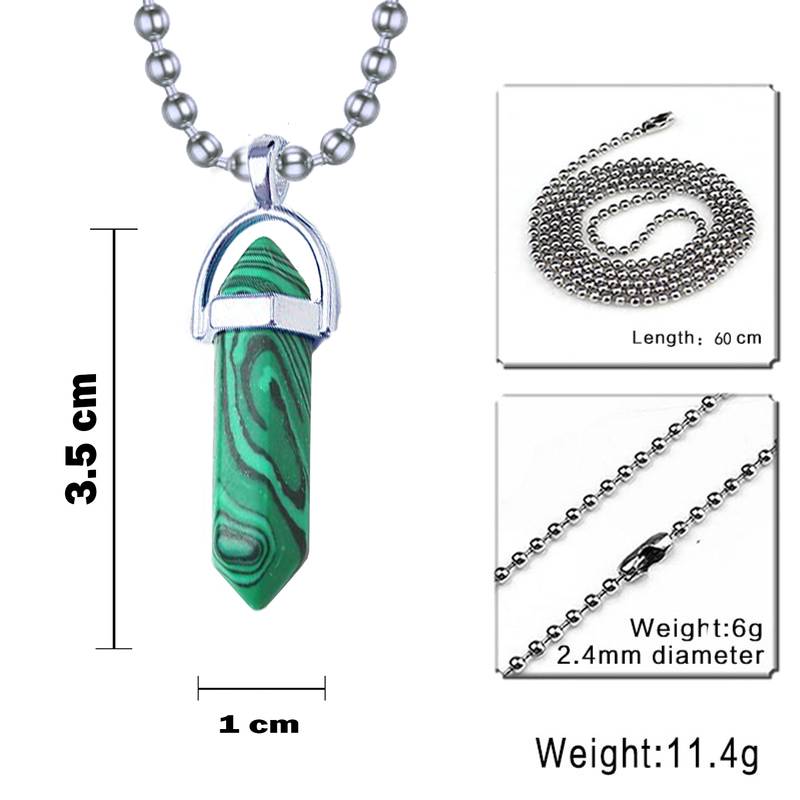 Hexagon Bullet Pencil Natural Green Stripes Malachite Crystal Stone Pendant Locket Necklace Chain for Men Women