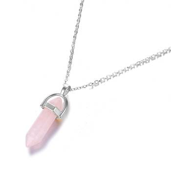 Hexagon Bullet Pencil Natural Rose Pink Quartz Crystal Stone Pendant Locket Necklace Chain for Men Women 1
