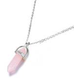 Hexagon Bullet Pencil Natural Rose Pink Quartz Crystal Stone Pendant Locket Necklace Chain for Men Women
