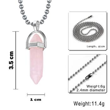 Hexagon Bullet Pencil Natural Rose Pink Quartz Crystal Stone Pendant Locket Necklace Chain for Men Women 2