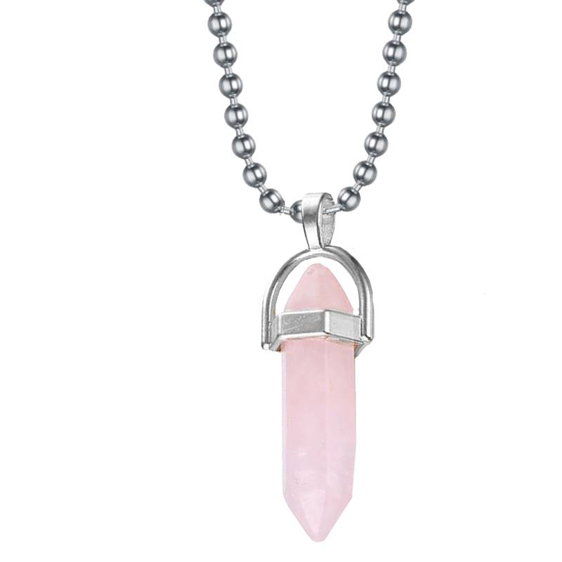 Hexagon Bullet Pencil Natural Rose Pink Quartz Crystal Stone Pendant Locket Necklace Chain for Men Women