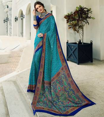 Turquoise printed crepe saree with blouse 1