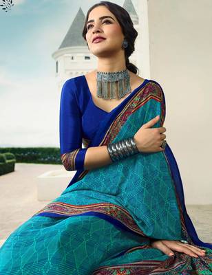Turquoise printed crepe saree with blouse 2