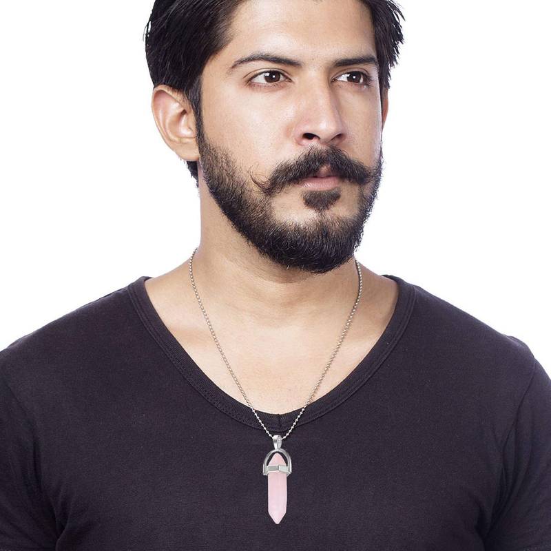 Hexagon Bullet Pencil Natural Rose Pink Quartz Crystal Stone Pendant Locket Necklace Chain for Men Women