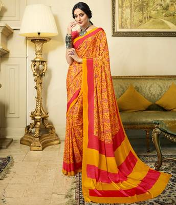 Orange printed crepe saree with blouse 1