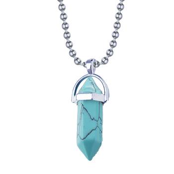 Hexagon Bullet Pencil Natural Blue Green Turquoise Crystal Stone Pendant Locket Necklace Chain for Men Women 1