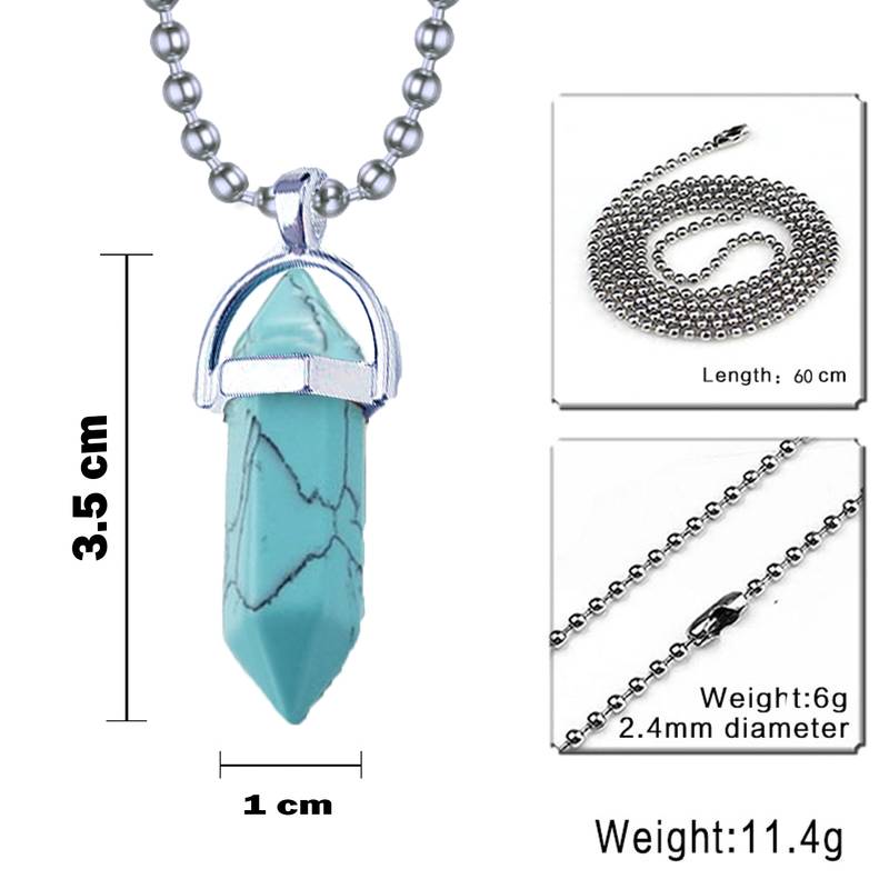 Hexagon Bullet Pencil Natural Blue Green Turquoise Crystal Stone Pendant Locket Necklace Chain for Men Women