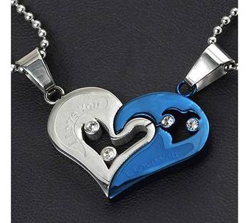 Couple Heart I Love You Blue Silver 316L Surgical Stainless Steel Necklace Chain Pendant Pack of 2 Men 1
