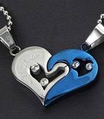 Couple Heart I Love You Blue Silver 316L Surgical Stainless Steel Necklace Chain Pendant Pack of 2 Men