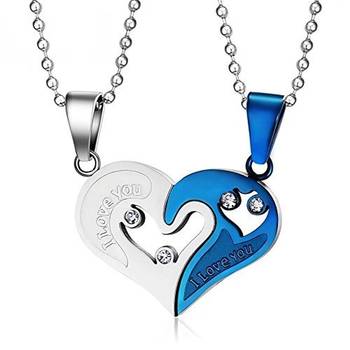 Couple Heart I Love You Blue Silver 316L Surgical Stainless Steel Necklace Chain Pendant Pack of 2 Men 2