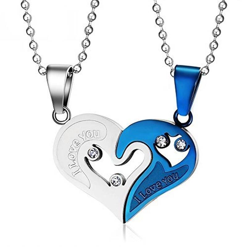 Couple Heart I Love You Blue Silver 316L Surgical Stainless Steel Necklace Chain Pendant Pack of 2 Men