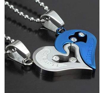 Couple Heart I Love You Blue Silver 316L Surgical Stainless Steel Necklace Chain Pendant Pack of 2 Men 3