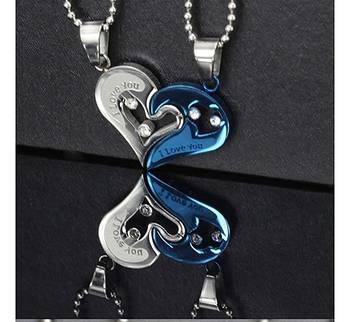 Couple Heart I Love You Blue Silver 316L Surgical Stainless Steel Necklace Chain Pendant Pack of 2 Men 4