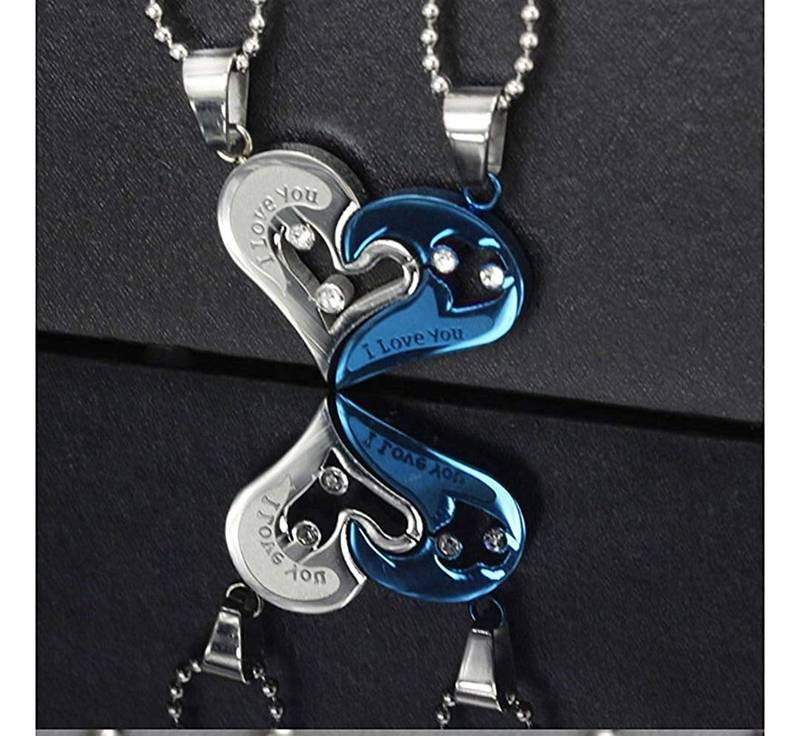 Couple Heart I Love You Blue Silver 316L Surgical Stainless Steel Necklace Chain Pendant Pack of 2 Men