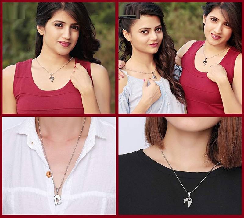 Couple Heart I Love You Blue Silver 316L Surgical Stainless Steel Necklace Chain Pendant Pack of 2 Men