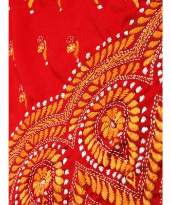 red Pure Cotton 2 Pc Suit with Floral Kantha Jaal work 2