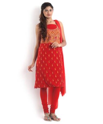 red Pure Cotton 2 Pc Suit with Floral Kantha Jaal work 1