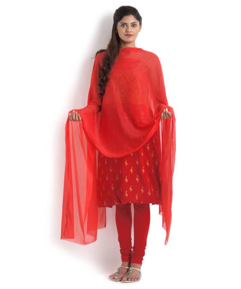 red Pure Cotton 2 Pc Suit with Floral Kantha Jaal work
