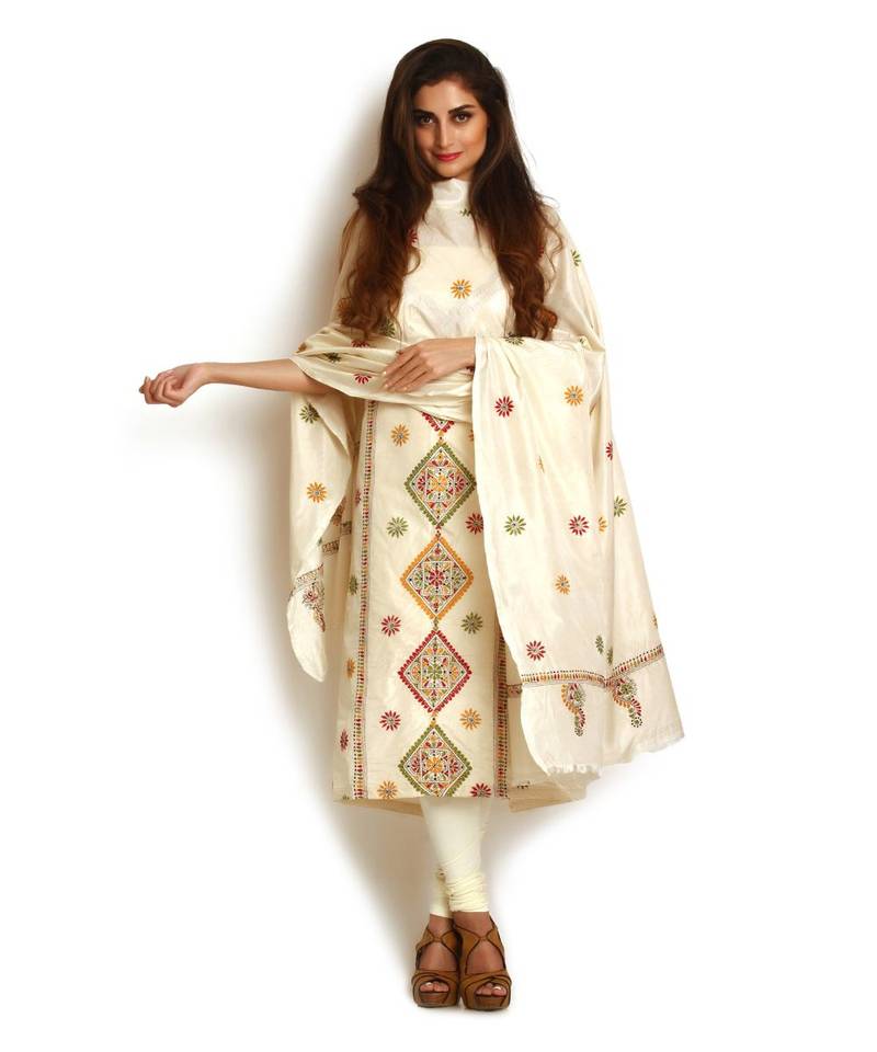 Off White Pure Silk Kantha Suit