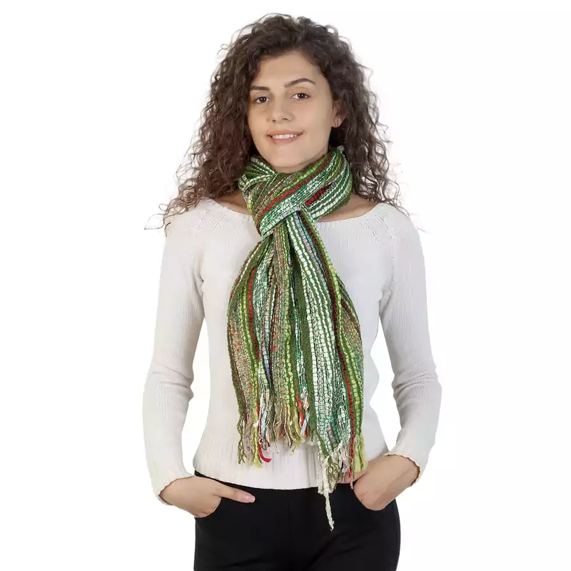 Dark Green & Multicolor Striped Acrylic Stole