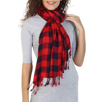 Red & Navy Viscose Rayon Checked Woven Design Stole 2