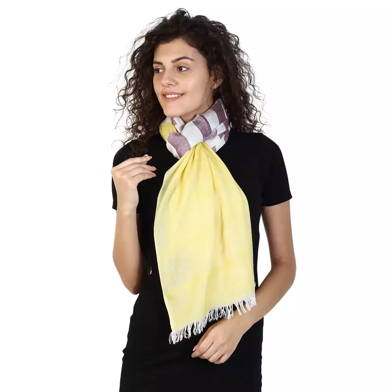 Yellow & Cherry Cotton Striped Woven Design Stole