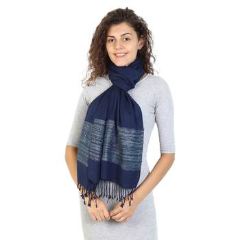 Navy Viscose Rayon Striped Woven Design Stole 1
