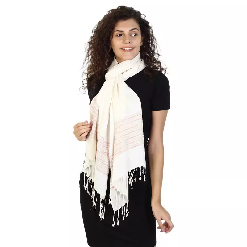Ivory & Multicolor Viscose Rayon Striped Woven Design Stole