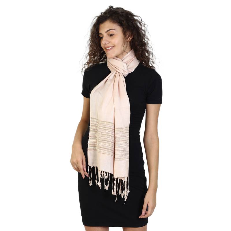 Peach & Multicolor Viscose Rayon Striped Woven Design Stole