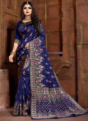 Blue woven art silk saree with blouse 1