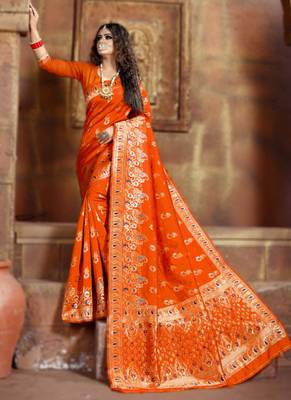 Orange woven art silk saree with blouse 1