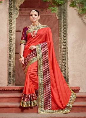 Scarlet Red Embroidered Silk Blend Saree With Blouse 1