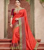 Scarlet Red Embroidered Silk Blend Saree With Blouse