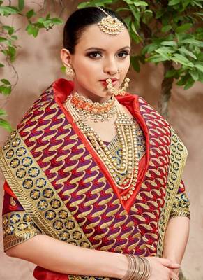 Scarlet Red Embroidered Silk Blend Saree With Blouse 2