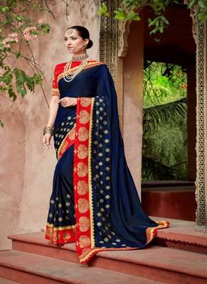 Navy Blue Embroidered Silk Blend Saree With Blouse 1